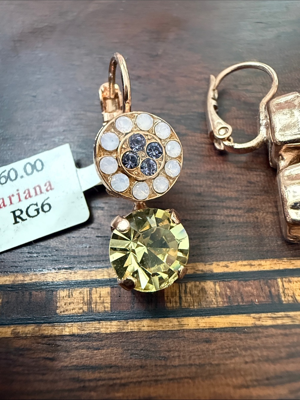 Mariana Rose Gold Earrings with pale pink, jonquil Yellow and tanzanite Crystals - Picture 2 of 4
